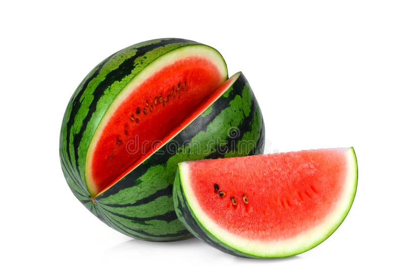 Helhets- och skivavattenmelon som isoleras på vit arkivbild Helhets- och skivavattenmelon som isoleras på vit arkivbild