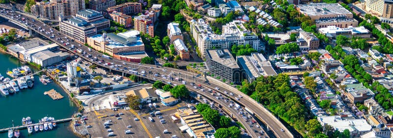 Helicopter view of Anzac Bridge in Sydney, Australia royalty free stock photography