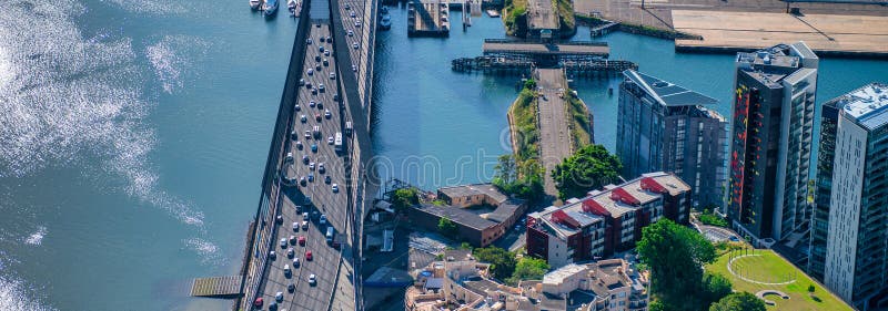 Helicopter view of Anzac Bridge in Sydney, Australia royalty free stock images