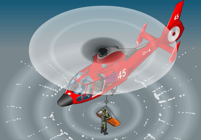 Helicóptero rojo isométrico en vuelo en rescate libre illustration Helicóptero rojo isométrico en vuelo en rescate libre illustration