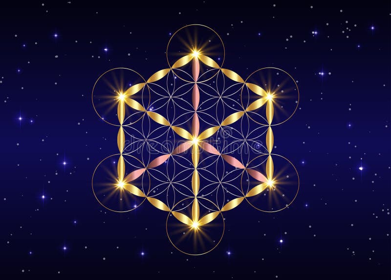 Helig geometrisk blomma av liv och metatrons kub. guldsymbol för alkemi-religion och andlighet. vektor isolerad på blå stock illustrationer