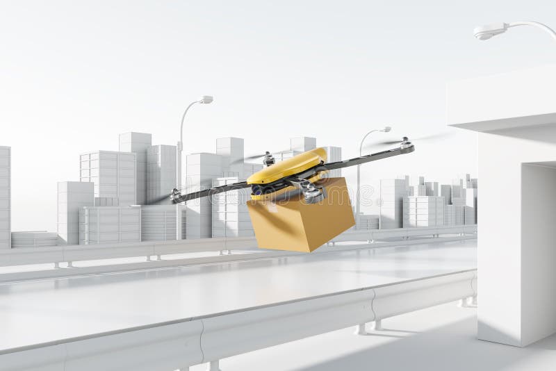 Helikopter med orderflygande modern bot för leverans i megapolis. mockup vektor illustrationer