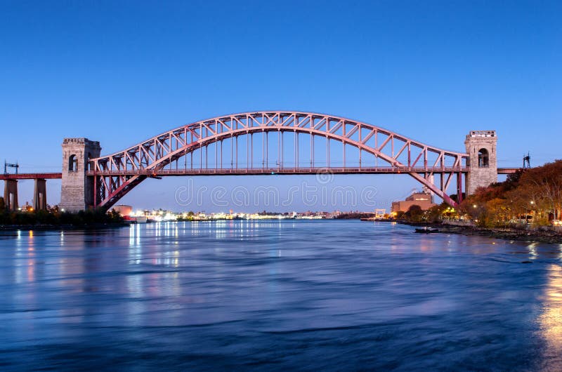 Hell Gate Bridge at night, in Astoria, Queens, New York. USA stock image