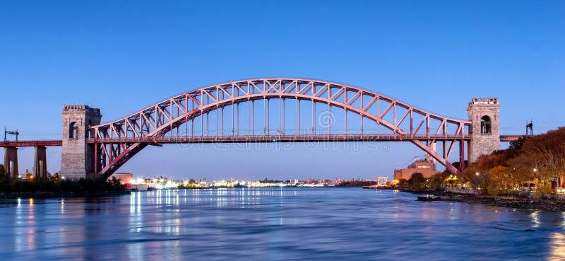 Hell Gate Bridge at night, in Astoria, Queens, New York. USA stock images