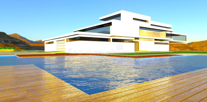 Hellbraun, um den Pool herum, in der Nähe des modernen Anwesens kürzlich in den sonnigen Bergen gebaut 3d Rendering.