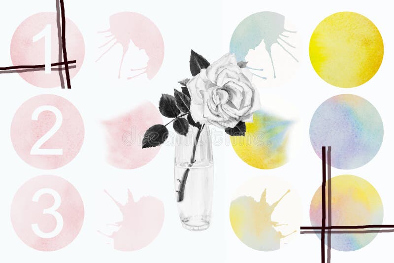Helle Aquarell-Malerei von Rosen in Vase rosa Pinsel Tinte Spritzen Schlaganfall Fleck Kreis lizenzfreie abbildung