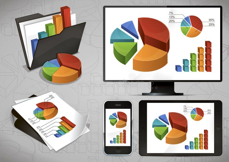 Vector bright icons set with charts on paper, in folder and with devices. Grey background with line drawn charts. Vector bright icons set with charts on paper, in folder and with devices. Grey background with line drawn charts.