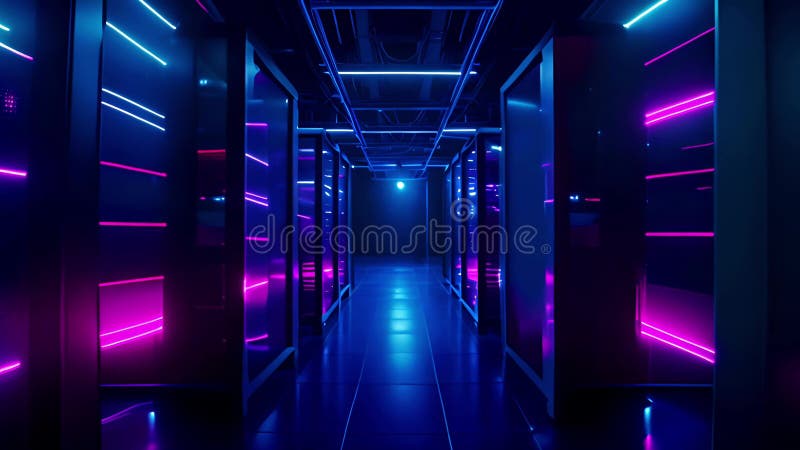 Helle elektrische Neonleuchten sorgen für ein Scifi-Ambiente über die Serverreihen im digitalen Rechenzentrum lizenzfreie abbildung