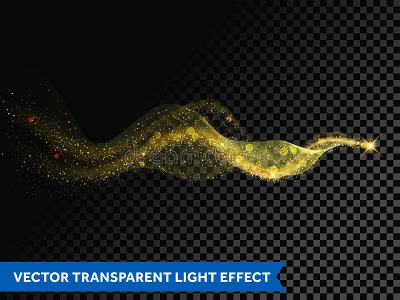 Helle Linie Goldwelleneffekt der magischen Scheinspur auf transparenten Hintergrund Vektorfunkeln-Lichtpartikel erweitern sich Sp