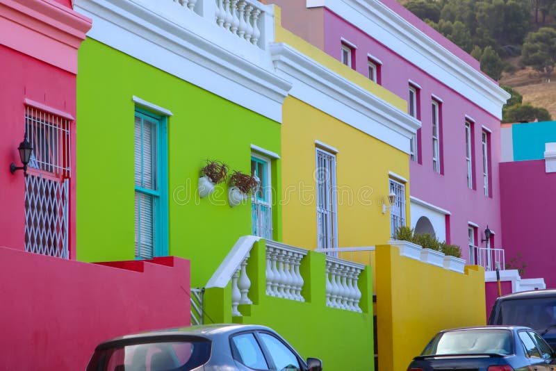 Bright multicolored facades of buildings in Bo-Kaap district of Cape Town, South Africa. Also known as Malay Quarter. Bright multicolored facades of buildings in Bo-Kaap district of Cape Town, South Africa. Also known as Malay Quarter