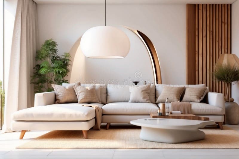 Helle und gemütliche moderne Wohnzimmereinrichtung mit Sofa und Lampe mit weißem Hintergrund3d Rendering lizenzfreie abbildung