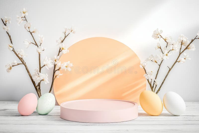 Helle und luftige Osterkomposition mit weich pastellfarbenen Eiern, weißen Blüten und glänzender kreisförmiger Kulisse. Modernes lizenzfreie stockfotos