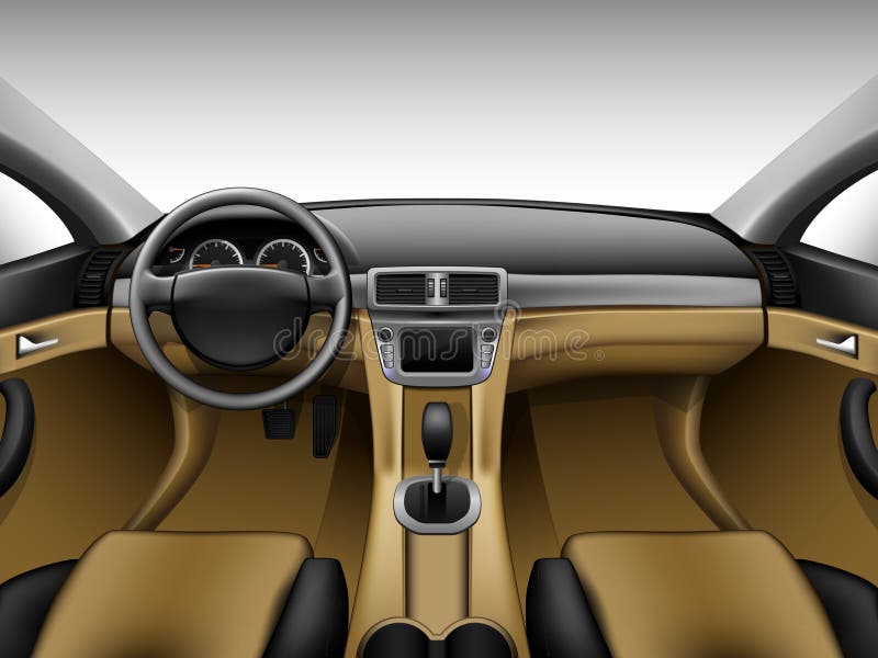 Auto innen Fahrer statt. Innenraum der Prestige modernes Auto. Vordersitze  mit Lenkrad, Armaturenbrett. Beige Cockpit mit Metall deko Panoramablick  roo Stockfotografie - Alamy