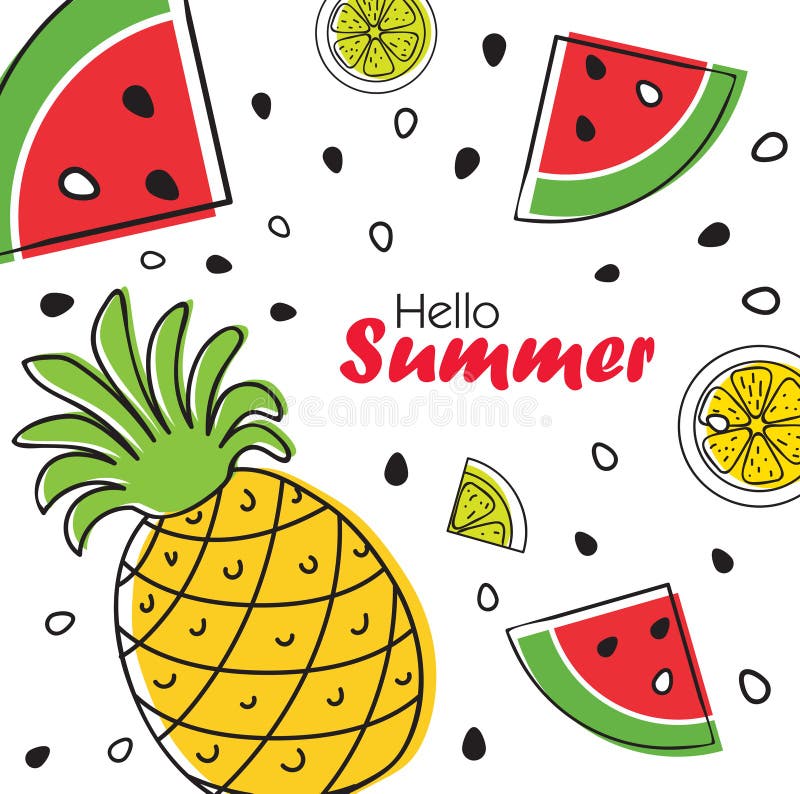 Heller Fruchthintergrund des Sommers mit Ananas, Scheiben der Orange und Wassermelone lizenzfreie abbildung Heller Fruchthintergrund des Sommers mit Ananas, Scheiben der Orange und Wassermelone lizenzfreie abbildung