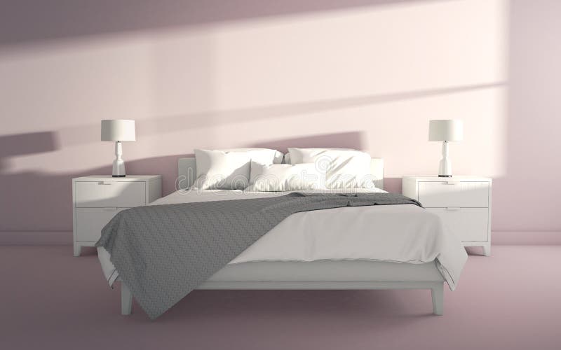 Helles sauberes Zimmer mit Bett und Sonnenlicht durch das Fenster lizenzfreie abbildung