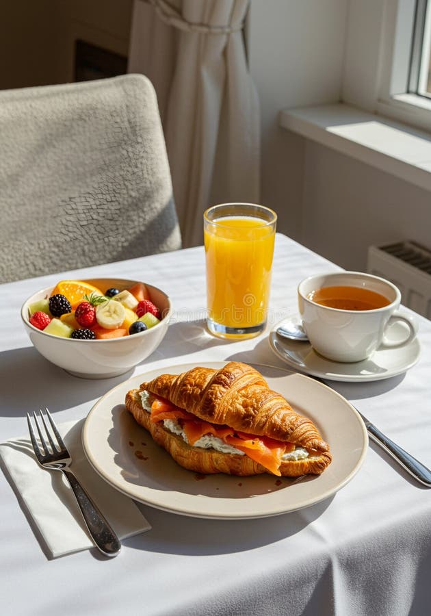 Helles Sonnenlicht beleuchtet elegante Tischeinstellung für das Frühstück lizenzfreie abbildung