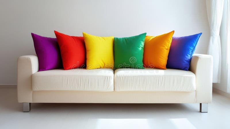 Helles, weißes Sofa mit Regenbogenkissen. Perfekt für einen erholsamen Tag vektor abbildung