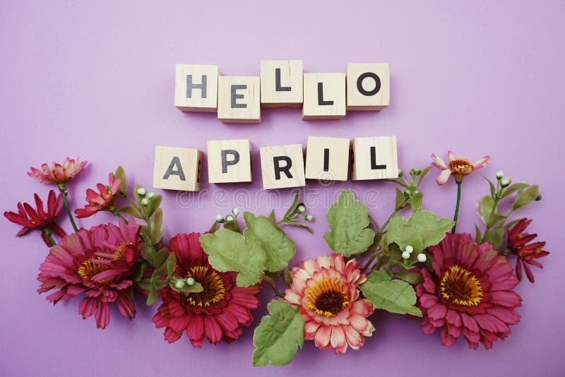 Hello April Alphabet Letters with Pink Flower Decoration on Purple ...