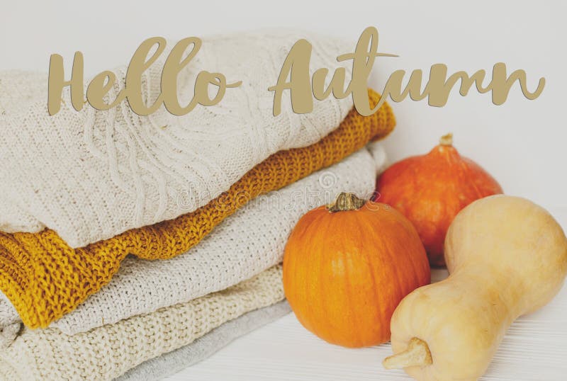 Hello Autumn Hand Written Text On Background Of Pumpkin Autumn Leaves