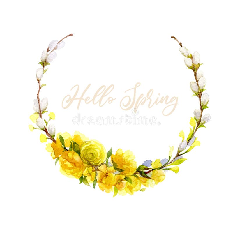 Hello-de kaart van de de lentegroet Hand getrokken illustratie met bloemenkroon stock illustratie Hello-de kaart van de de lentegroet Hand getrokken illustratie met bloemenkroon stock illustratie