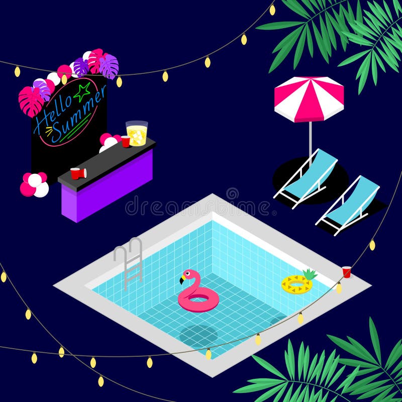 Hello-de poolpartij van de de zomernacht met tropische decoratie royalty-vrije illustratie Hello-de poolpartij van de de zomernacht met tropische decoratie royalty-vrije illustratie
