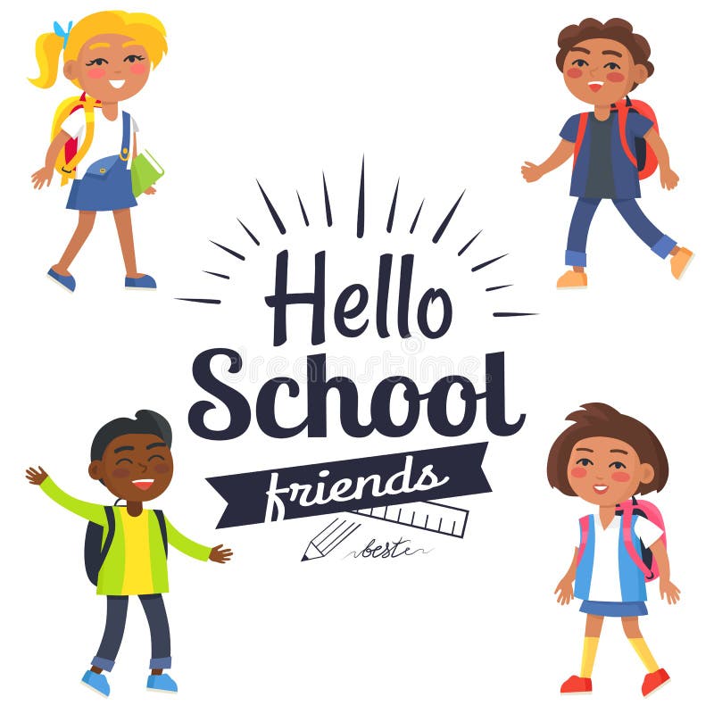 Hello-de Sticker van Schoolvrienden met Leerlingenvector stock illustratie Hello-de Sticker van Schoolvrienden met Leerlingenvector stock illustratie