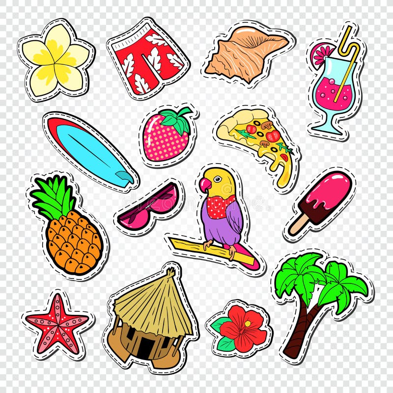 Hello-de Zomerkrabbel De Stickers, de Kentekens en de Flarden van de strandvakantie met Palm, Papegaai en Branding royalty-vrije illustratie Hello-de Zomerkrabbel De Stickers, de Kentekens en de Flarden van de strandvakantie met Palm, Papegaai en Branding royalty-vrije illustratie