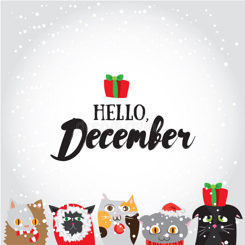 Hello, December De kaart van de vakantiegroet met leuke kattenkarakters en calligraphyelements Het moderne van letters voorzien m