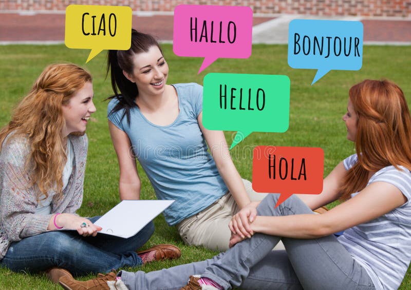 Digital composite of Hello in different languages chat bubbles learning with students