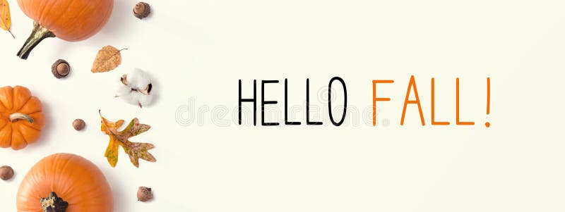 Hello fall message with autumn pumpkins royalty free stock photo