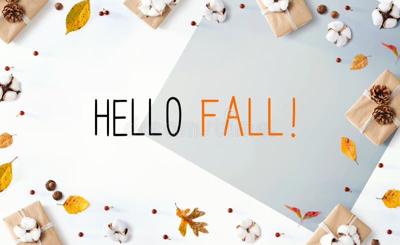 Hello fall message with gift boxes with leaves royalty free stock image