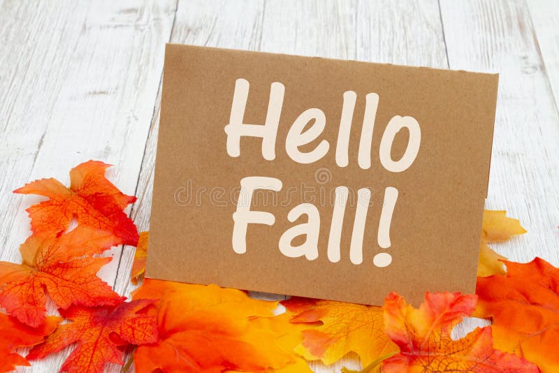 Hello Fall message on greeting card on weathered wood with fall leaves stock image
