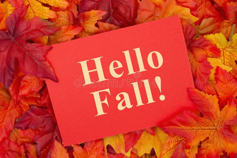 Hello Fall message with fall leaves stock photo