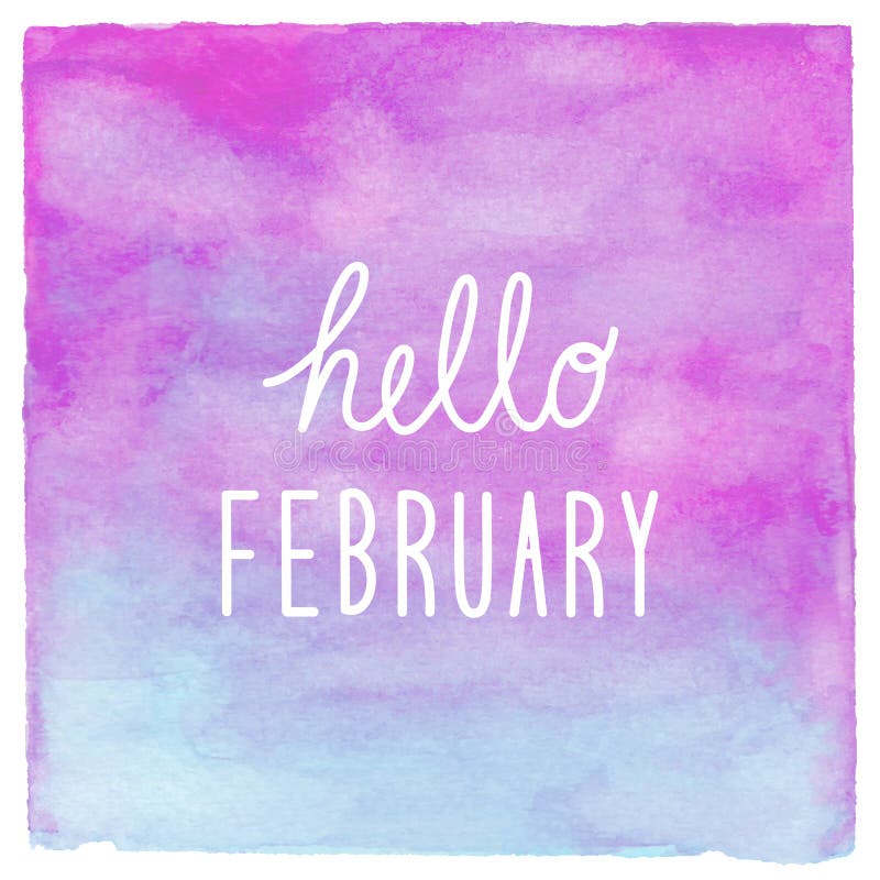 Hello February Text On Blue And Purple Watercolor Background Stock