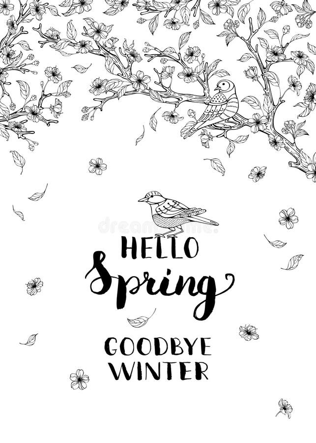 Hello fjädrar, farvälvintern! stock illustrationer Hello fjädrar, farvälvintern! stock illustrationer