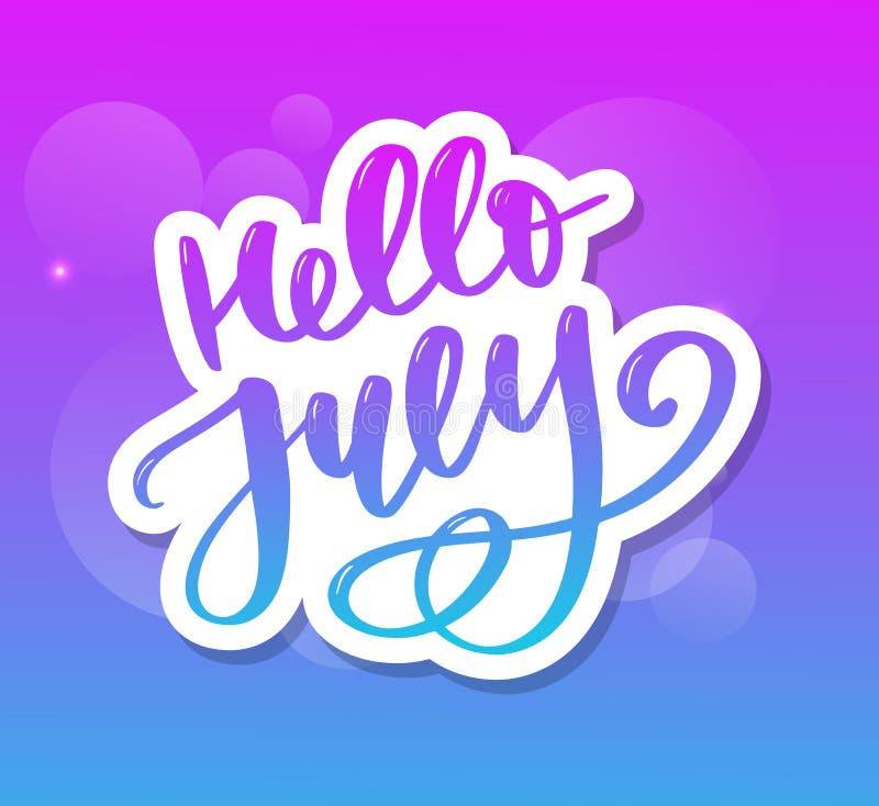 Hello july lettering print. Summer minimalistic illustration. Isolated calligraphy on white background stock illustration