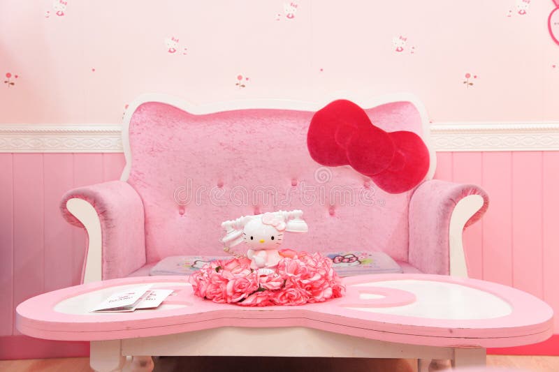 Hello Kitty Mieści sceny ustawianie dla fotografia kąta, replika żywy pokój w HELLO KITTY wyspy muzeum, obrazy royalty free Hello Kitty Mieści sceny ustawianie dla fotografia kąta, replika żywy pokój w HELLO KITTY wyspy muzeum, obrazy royalty free