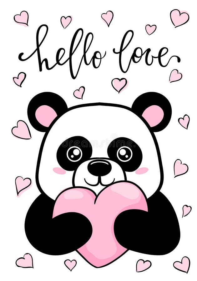 Hello love. Hand drawn creative calligraphy and brush pen lettering. Cute Panda holds big heart. design for holiday greeting card