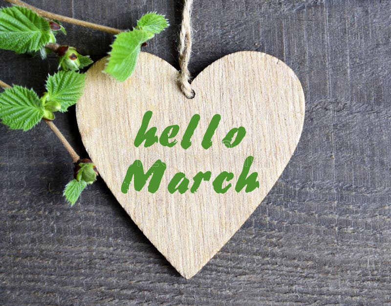 Hello March greeting card with decorative heart and green spring tree branch on old wooden background.Springtime concept. stock photography Hello March greeting card with decorative heart and green spring tree branch on old wooden background.Springtime concept. stock photography