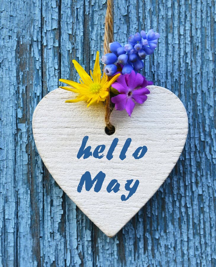 Hello May greeting card with decorative white heart and spring flowers on old blue wooden background. stock photo Hello May greeting card with decorative white heart and spring flowers on old blue wooden background. stock photo