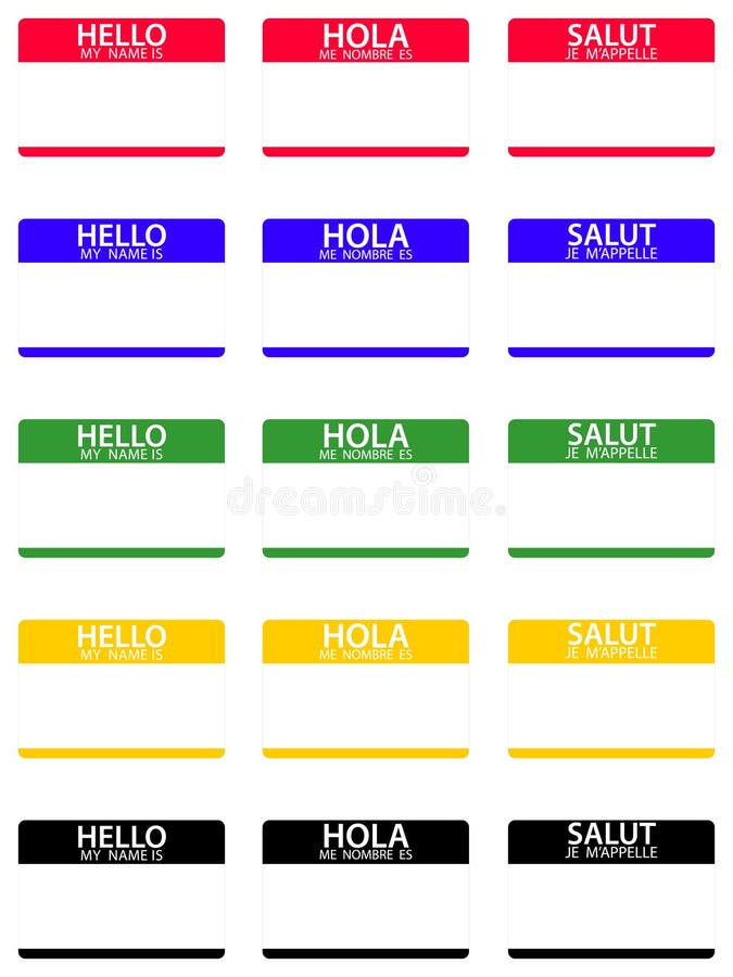 Un conjunto compuesto por Hola mi nombre es un etiquetas en Inglés, espanol francés.