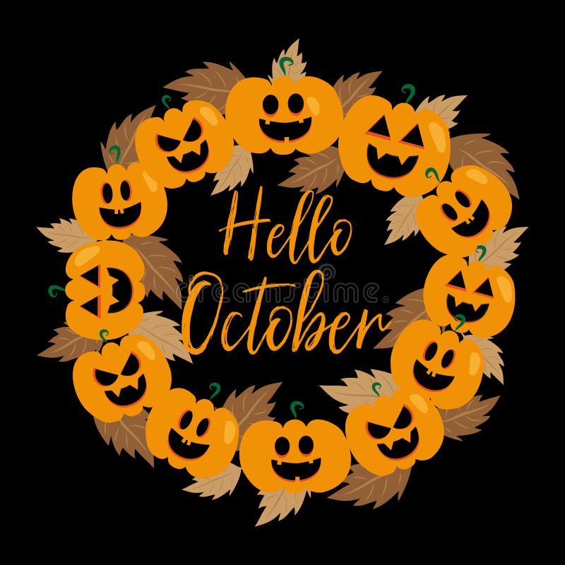 Hello October Handwritten Text And Pumpkin Wreath With Autumn Leaves