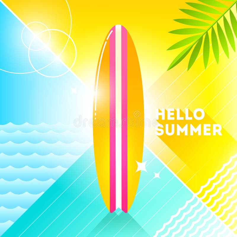 Hello sommar - illustration Sufrboard på en abstrakt bakgrund retro stilillustration för 80 ` s Tropisk semesterlägenhetdesign vektor illustrationer Hello sommar - illustration Sufrboard på en abstrakt bakgrund retro stilillustration för 80 ` s Tropisk semesterlägenhetdesign vektor illustrationer
