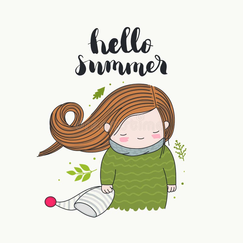 Hello sommar som ler flickan med långt hår stock illustrationer Hello sommar som ler flickan med långt hår stock illustrationer