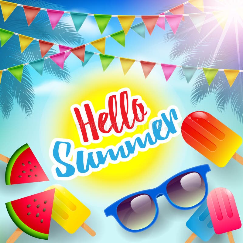 Hello sommar-, sommaraffisch-, reklamblad- eller inbjudanbakgrund vektor illustrationer Hello sommar-, sommaraffisch-, reklamblad- eller inbjudanbakgrund vektor illustrationer