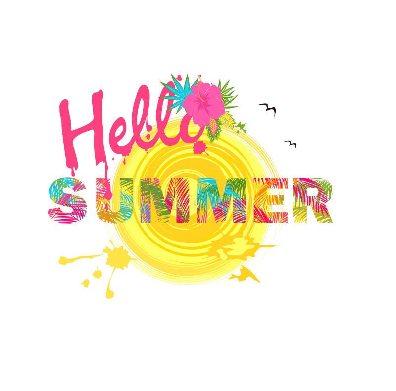 Hello sommarbokstäver med färgrika palmblad och hibiskusen på vit bakgrund Trendigt tryck för T-tröja royaltyfri illustrationer Hello sommarbokstäver med färgrika palmblad och hibiskusen på vit bakgrund Trendigt tryck för T-tröja royaltyfri illustrationer