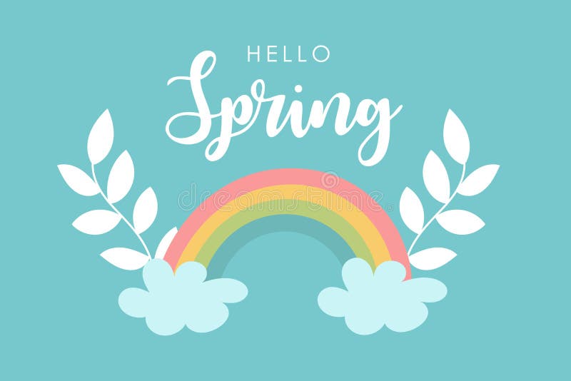 Hello spring card design. Rainbow on blue sky. Bright hand drawn greeting card stock illustration