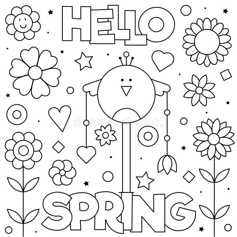 Hello Spring. Coloring Page. Vector Illustration. Bird, Flowers. Stock ...