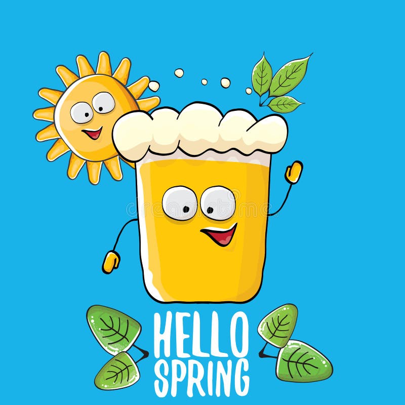 Hello spring concept illustration with vector cartoon funky beer glass character, flowers, green leaves and spring