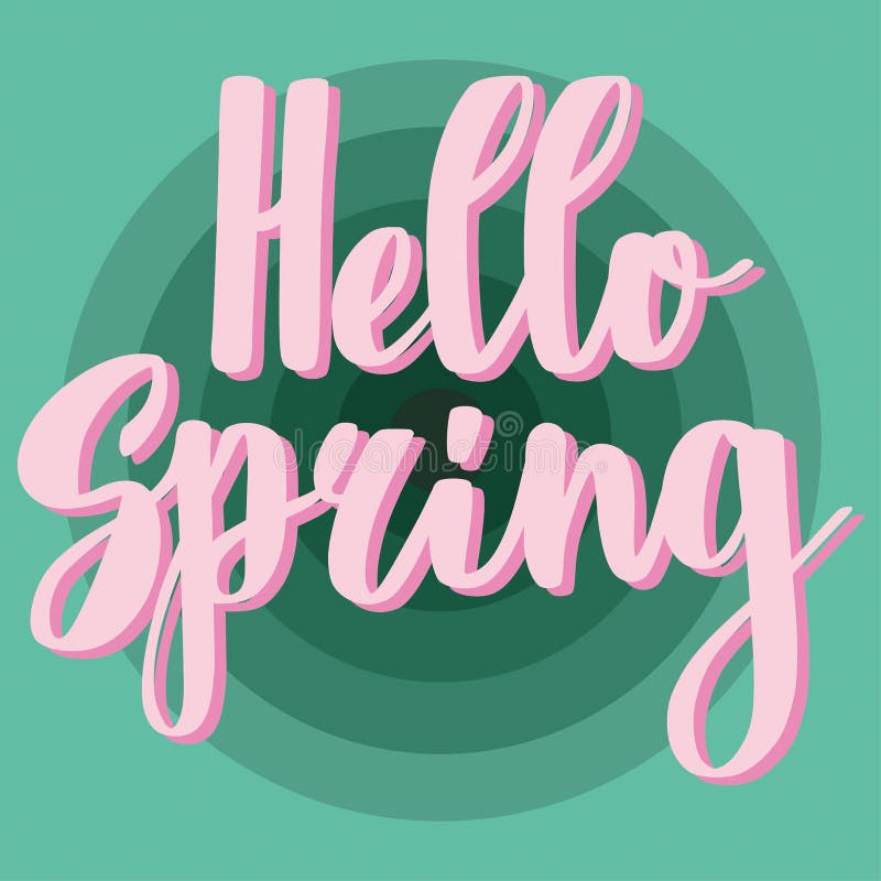 Hello Spring. Hello spring pink text handwritten on green background with circles. Modern retro hand drawn vector illustration. vector illustration
